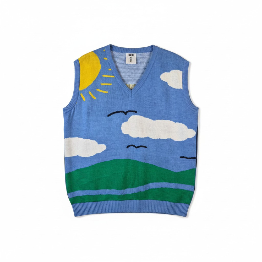 IDVDL Womens Landscape Scenic Knit Colorful Sweater Vest Blue Multi Dopamine